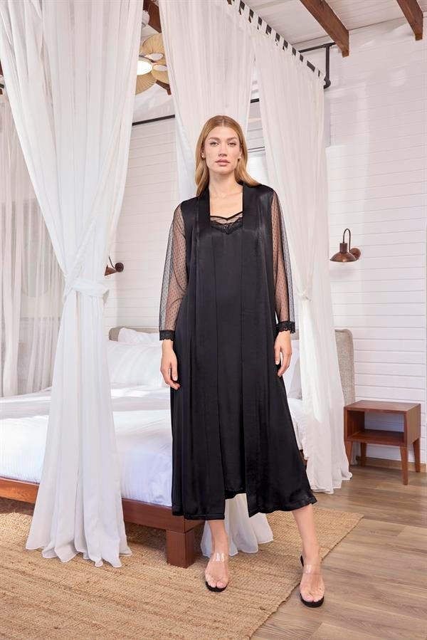 Fantastik Store Arias Closet Dantelli Tüllü ve Dekolteli Saten Sabahlık Takımı