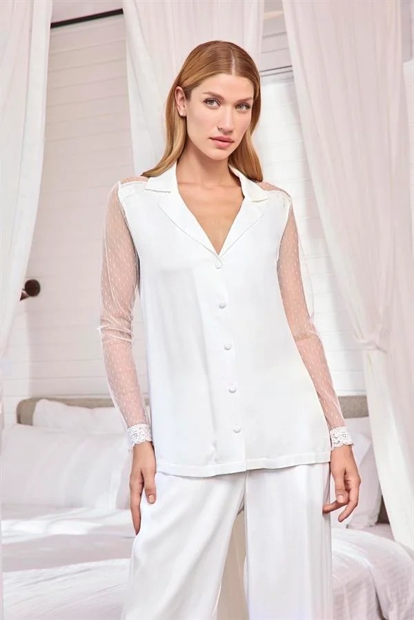 Fantastik Store Arias Closet Dantelli ve Tüllü Uzun Kollu Önü Düğmeli Saten Pijama Takımı görsel 6