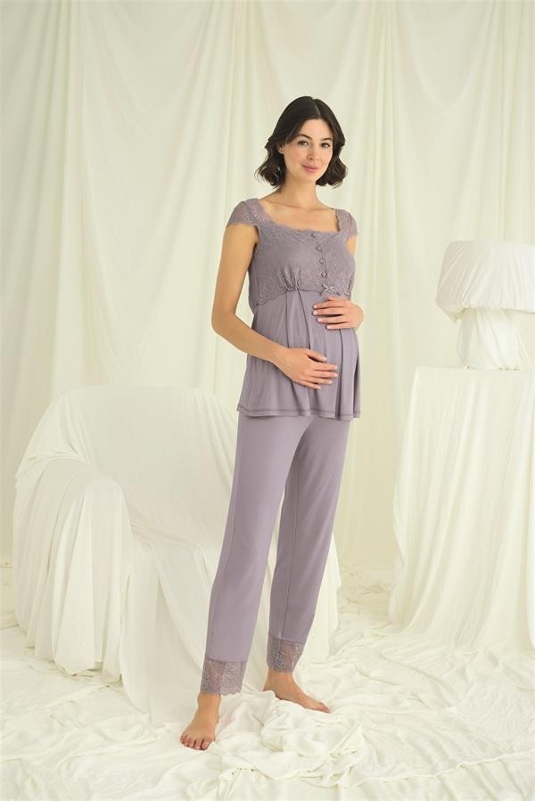 Fantastik Store Arias Closet Dantelli Önü Düğmeli Hamile Lohusa 3'lü Pijama Takımı görsel 5