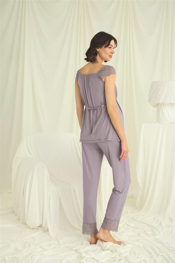 Fantastik Store Arias Closet Dantelli Önü Düğmeli Hamile Lohusa 3'lü Pijama Takımı görsel 8