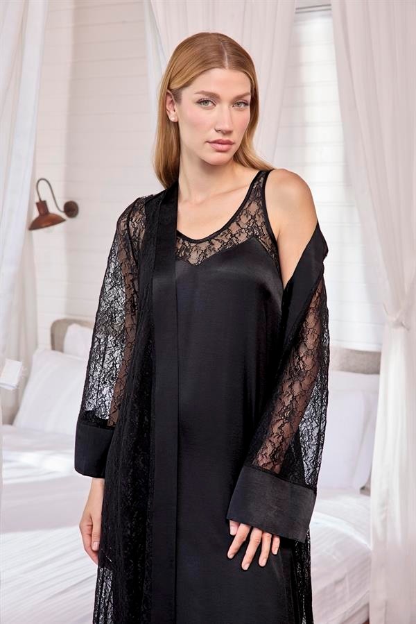 Fantastik Store Arias Closet %100 Viskon Dantelli ve Dekolteli Saten Sabahlık Takımı görsel 4