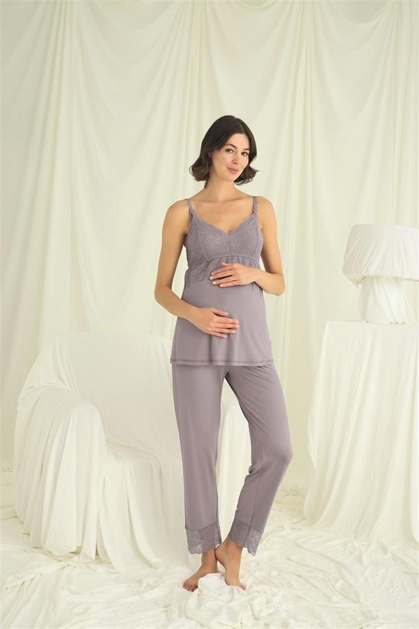 Fantastik Store Arias Closet Dantelli Hamile Lohusa 3'lü Pijama Takımı görsel 6