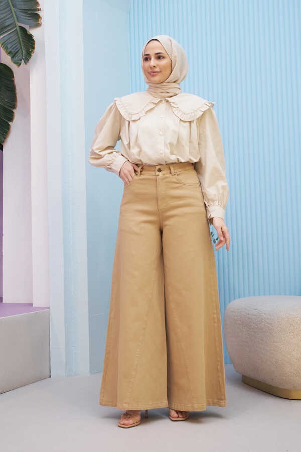 Neways 1162-PARÇA Boyalı Denim Pantolon Bej