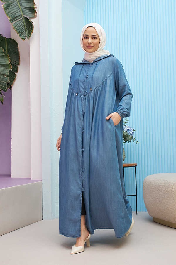 Neways 6635-BRIT Düğmeli Denim Ferace Koyu Mavi görsel 3