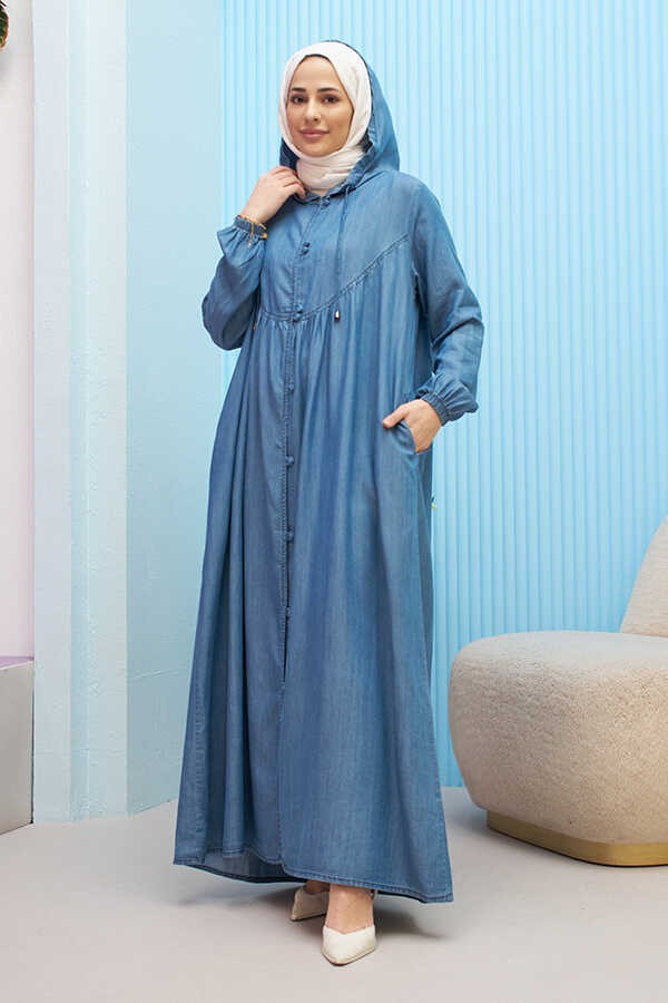Neways 6635-BRIT Düğmeli Denim Ferace Koyu Mavi görsel 5
