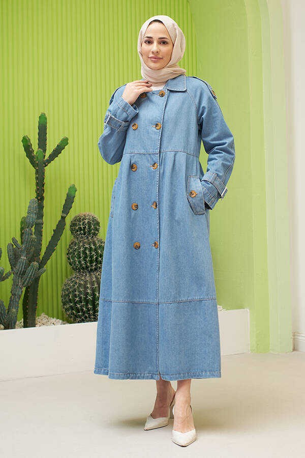 Neways Denim Ceket Mavi Süs Pileli Kollu Kadın Ceket Coton Malzeme ile Şık Tasarım