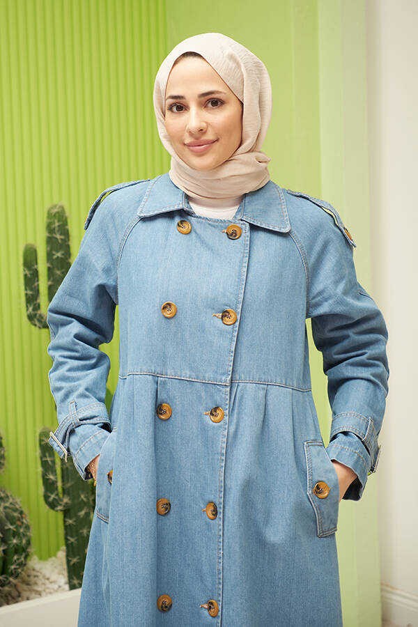 Neways Denim Ceket Mavi Süs Pileli Kollu Kadın Ceket Coton Malzeme ile Şık Tasarım görsel 2