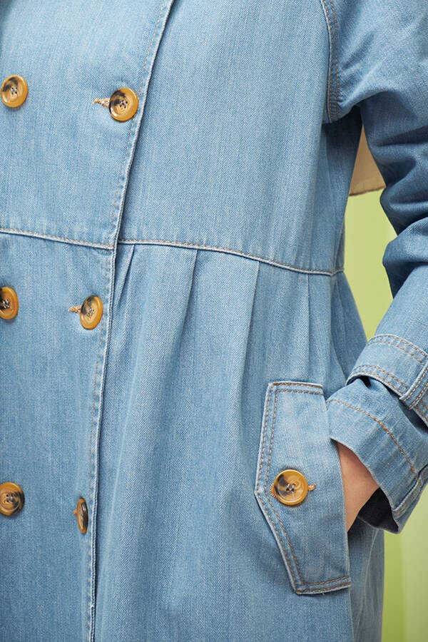 Neways Denim Ceket Mavi Süs Pileli Kollu Kadın Ceket Coton Malzeme ile Şık Tasarım görsel 3