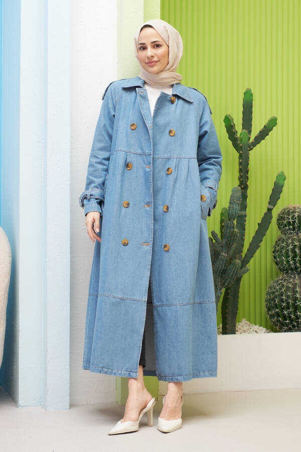Neways Denim Ceket Mavi Süs Pileli Kollu Kadın Ceket Coton Malzeme ile Şık Tasarım görsel 5