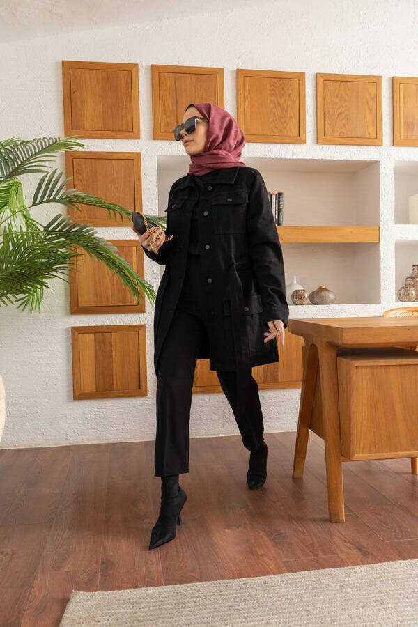 Neways 6653-CEPLI Kuşaklı Kısa Ceket Siyah görsel 4