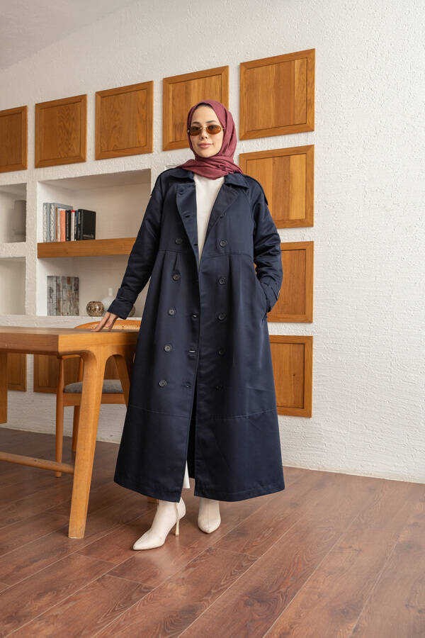 Neways 6632-REGLAN Kollu Süs Pileli Lens Ceket Lacivert görsel 3