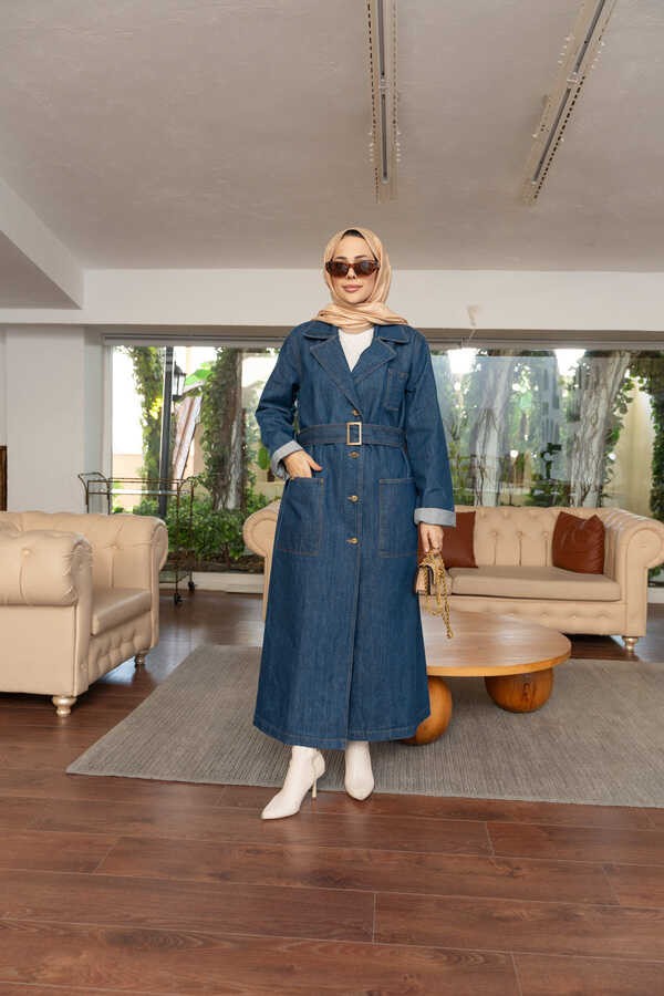 Neways Denim Ceket Koyu Mavi Kadın Kuşaklı Denim Malzeme ile Şık Tasarım