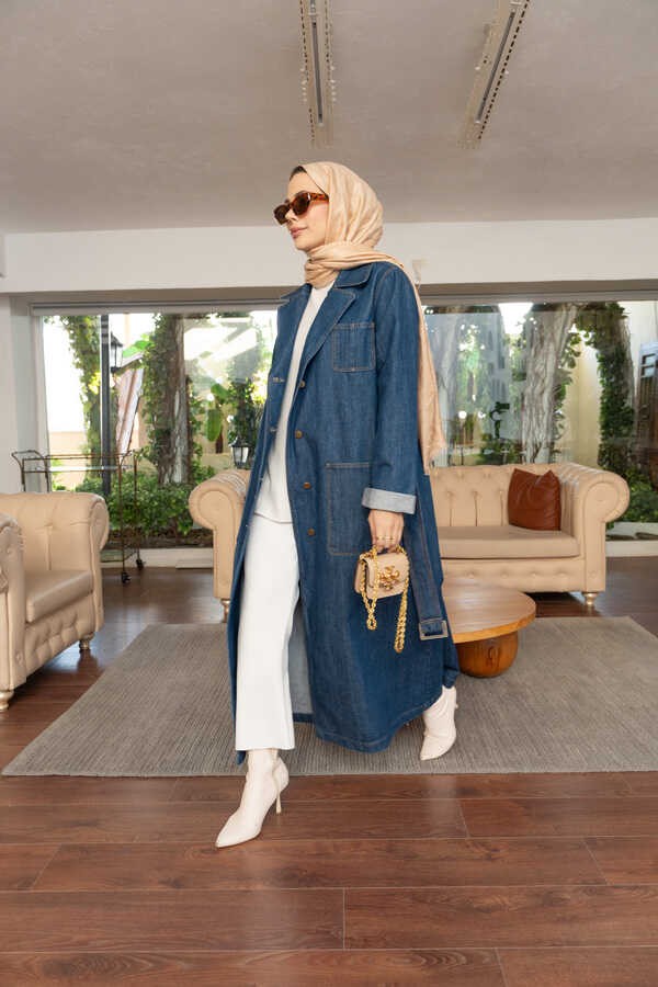 Neways Denim Ceket Koyu Mavi Kadın Kuşaklı Denim Malzeme ile Şık Tasarım görsel 2