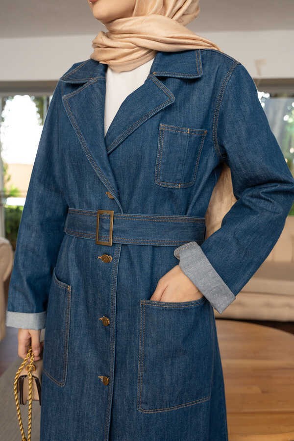 Neways Denim Ceket Koyu Mavi Kadın Kuşaklı Denim Malzeme ile Şık Tasarım görsel 4