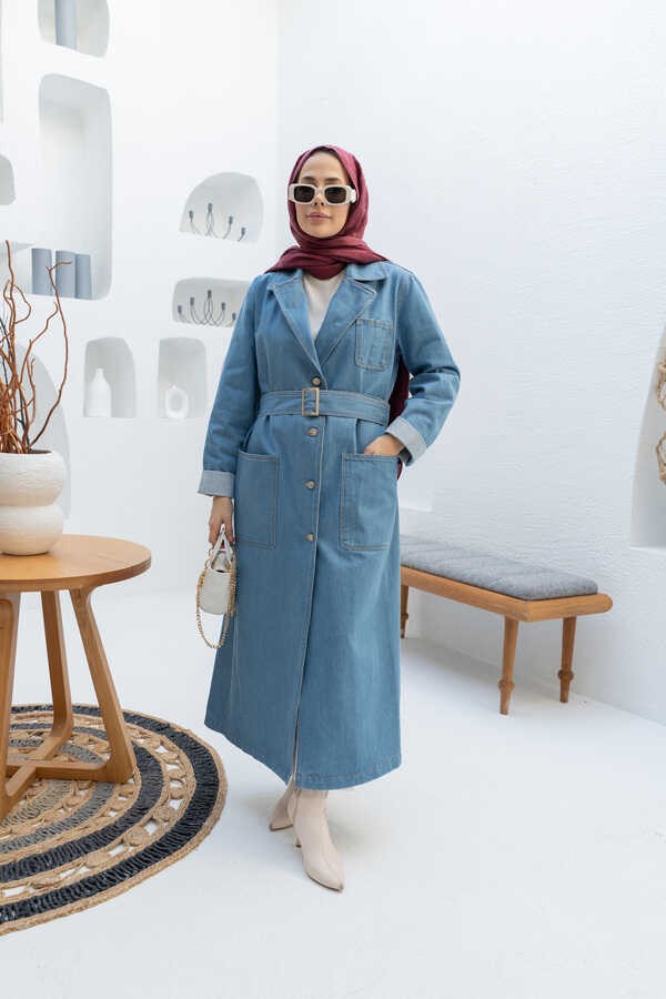 Neways 6655-KUŞAKLI Denim Ceket Mavi