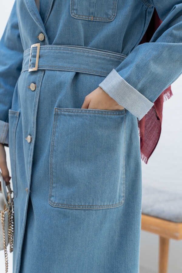 Neways 6655-KUŞAKLI Denim Ceket Mavi görsel 2