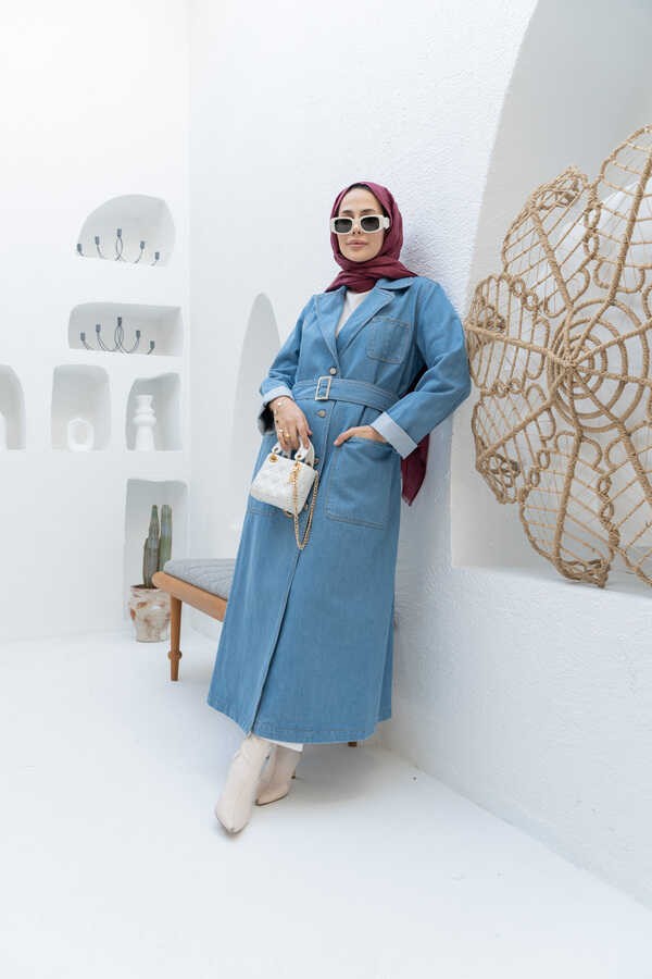 Neways 6655-KUŞAKLI Denim Ceket Mavi görsel 3