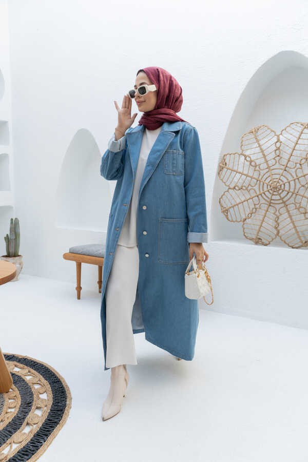 Neways 6655-KUŞAKLI Denim Ceket Mavi görsel 4