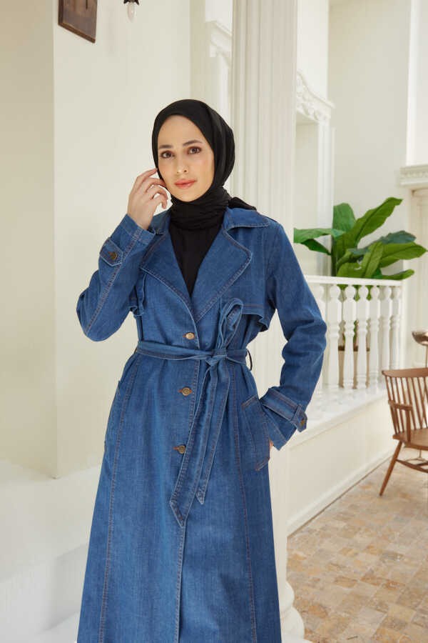Neways 6458-BATTAL Allerli Denim Trençkot Koyu Mavi