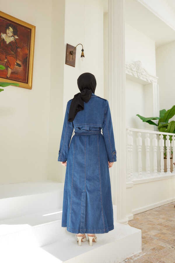 Neways 6458-BATTAL Allerli Denim Trençkot Koyu Mavi görsel 2