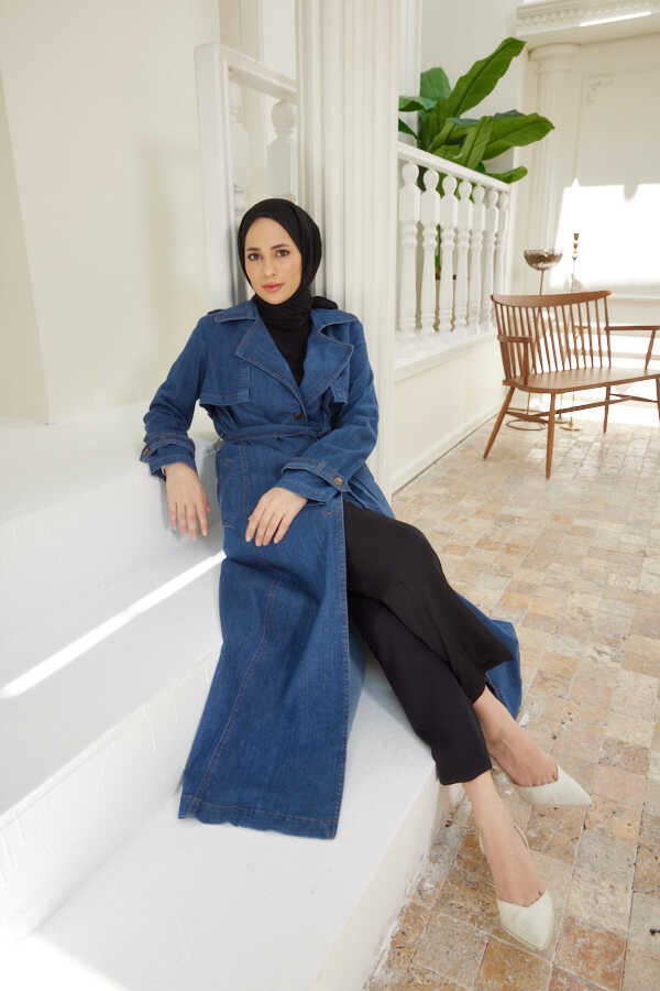 Neways 6458-BATTAL Allerli Denim Trençkot Koyu Mavi görsel 3