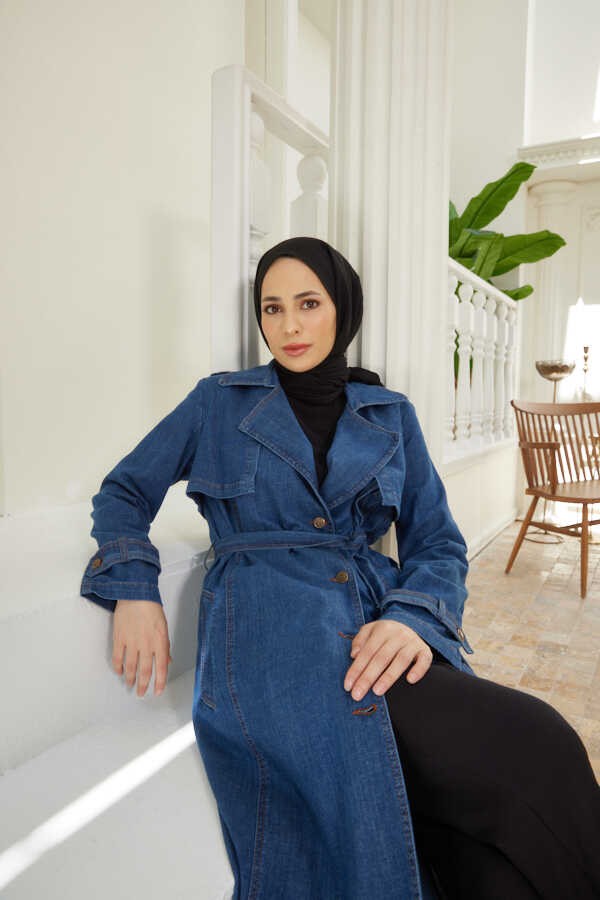 Neways 6458-BATTAL Allerli Denim Trençkot Koyu Mavi görsel 4