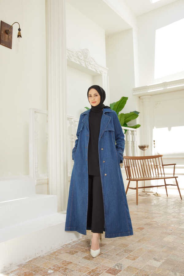 Neways 6458-BATTAL Allerli Denim Trençkot Koyu Mavi görsel 5