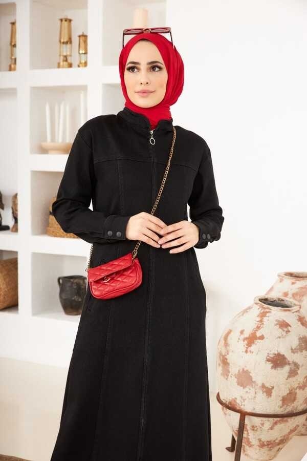Neways 6579-DENIM Fermuarlı Ferace Siyah görsel 2
