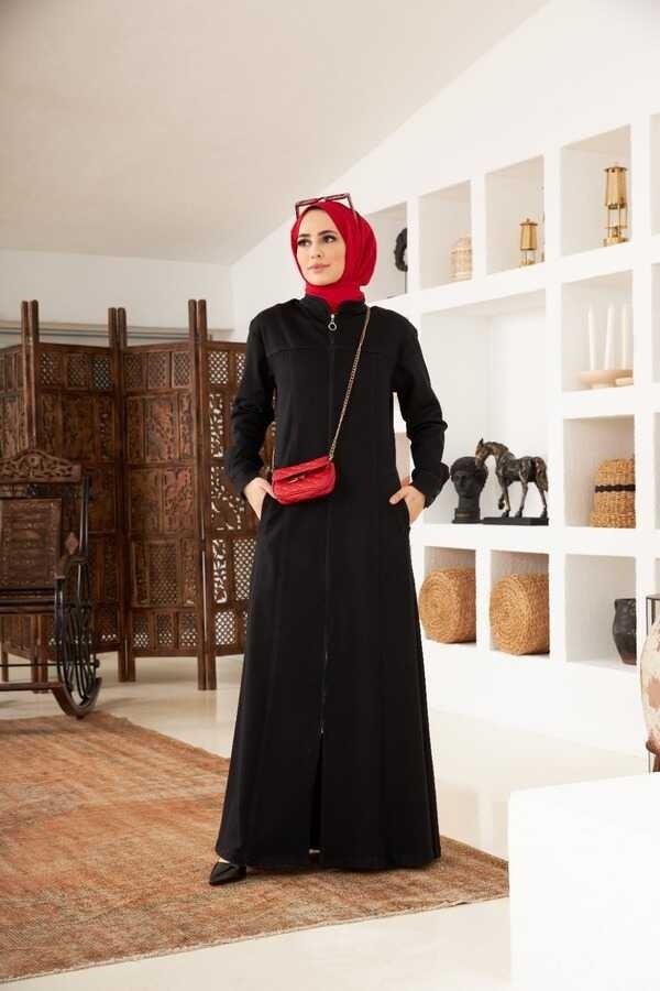 Neways 6579-DENIM Fermuarlı Ferace Siyah görsel 4
