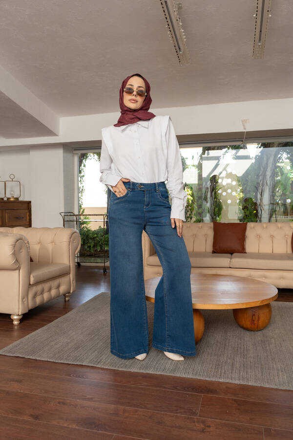 Neways Kadın Bol Paça Pantolon Koyu Mavi %97 Coton Denim Şık ve Rahat Tasarım görsel 2