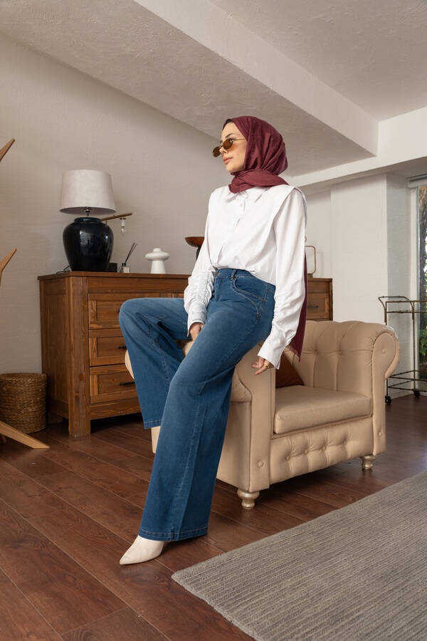 Neways Kadın Bol Paça Pantolon Koyu Mavi %97 Coton Denim Şık ve Rahat Tasarım görsel 3
