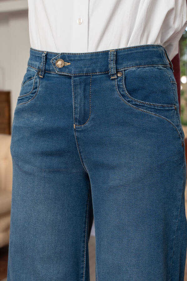 Neways Kadın Bol Paça Pantolon Koyu Mavi %97 Coton Denim Şık ve Rahat Tasarım görsel 5