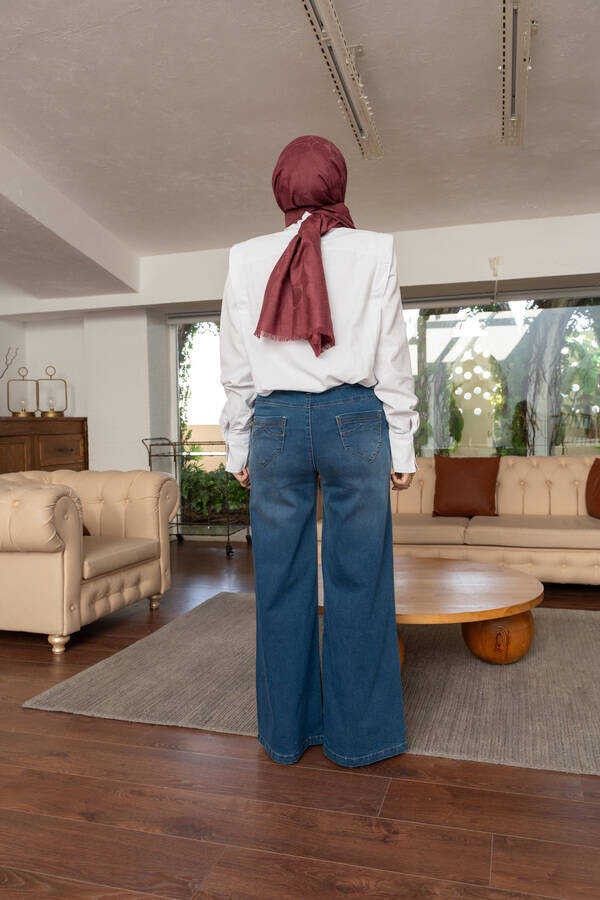 Neways Kadın Bol Paça Pantolon Koyu Mavi %97 Coton Denim Şık ve Rahat Tasarım görsel 7