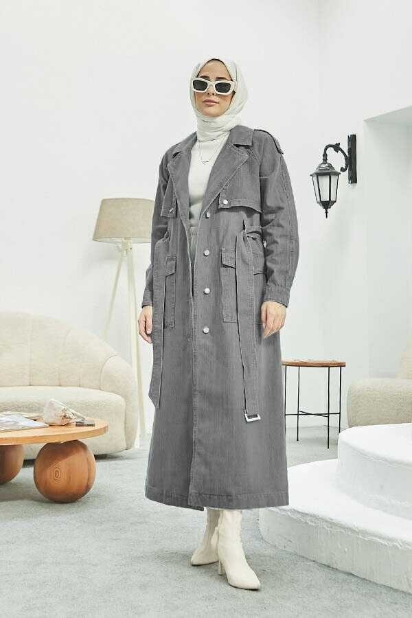 Neways 6625-REGLAN Kollu Trençkot Gri görsel 4