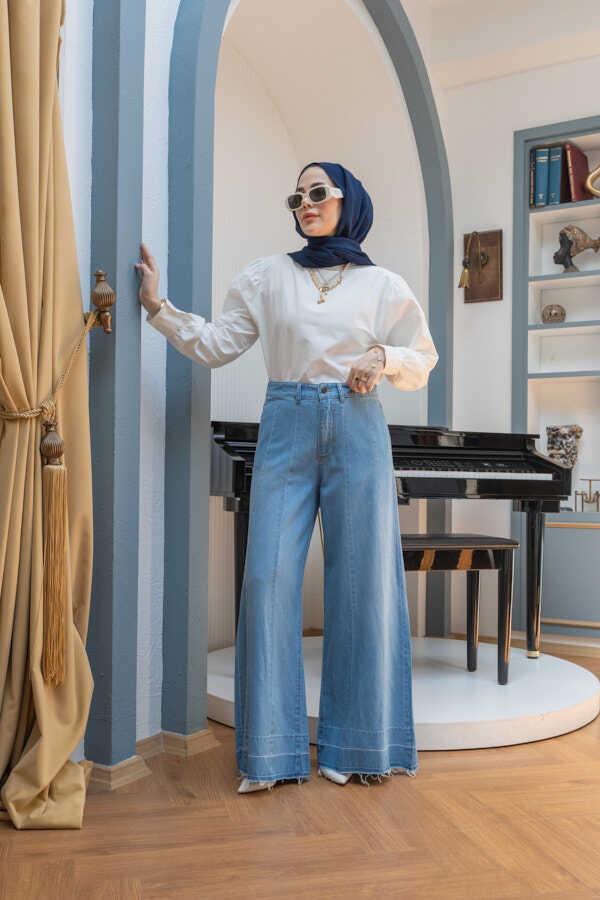Neways 1166-PARÇALI Denim Bol Paça Pantolon Mavi