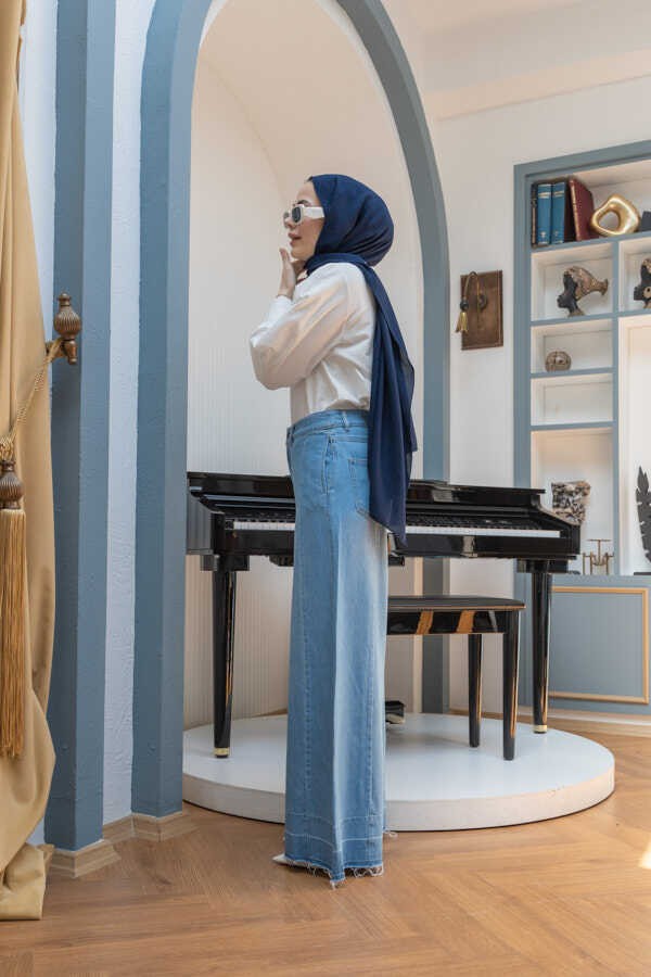 Neways 1166-PARÇALI Denim Bol Paça Pantolon Mavi görsel 5