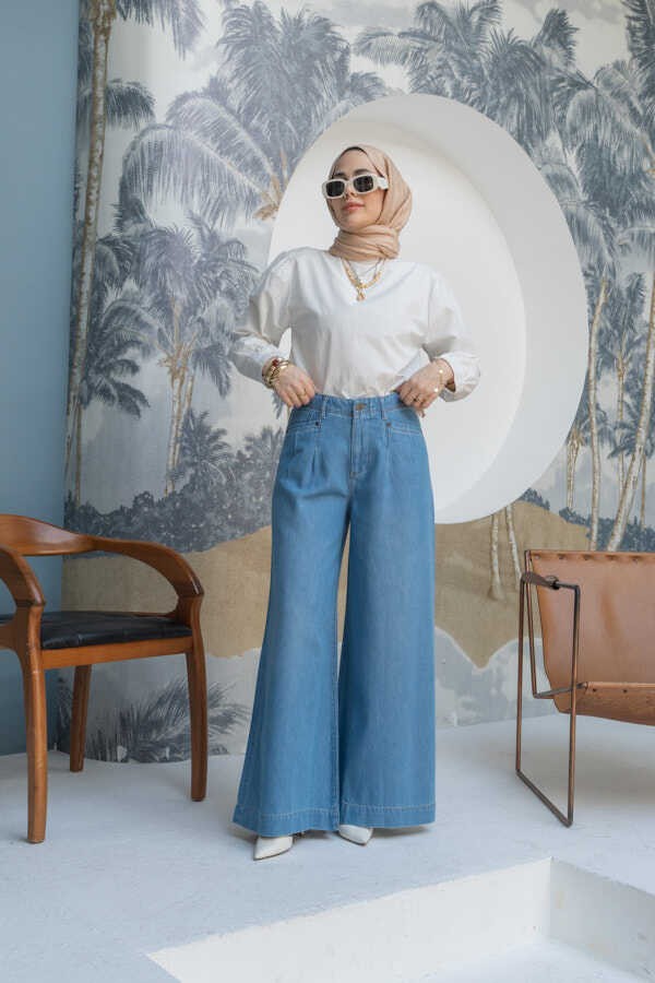 Neways 1165-DENIM Bol Paça Pantolon Mavi görsel 5