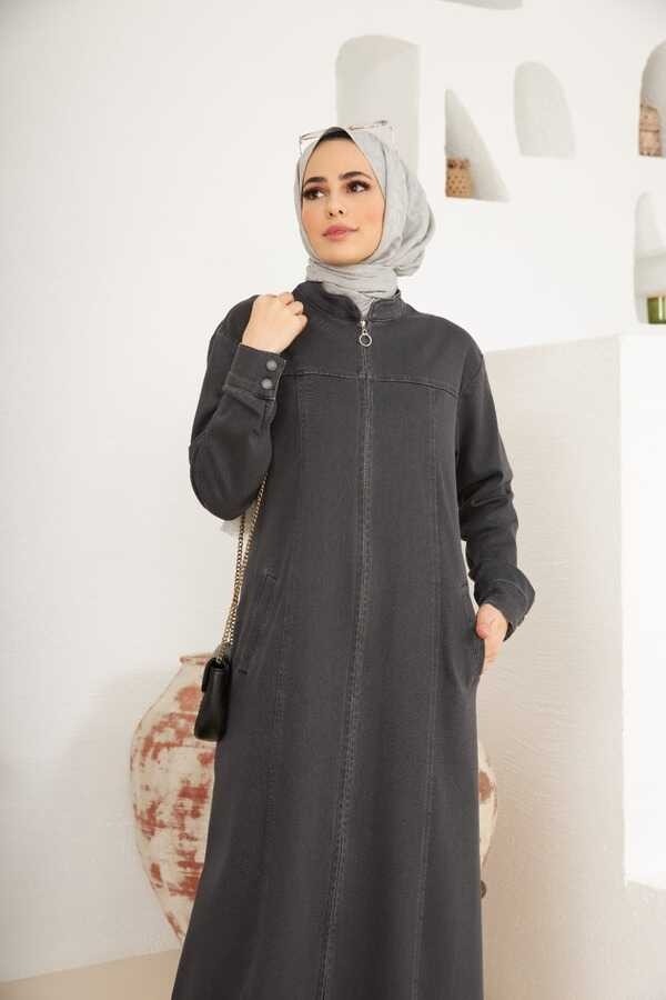 Neways 6579-DENIM Fermuarlı Ferace Koyu Gri