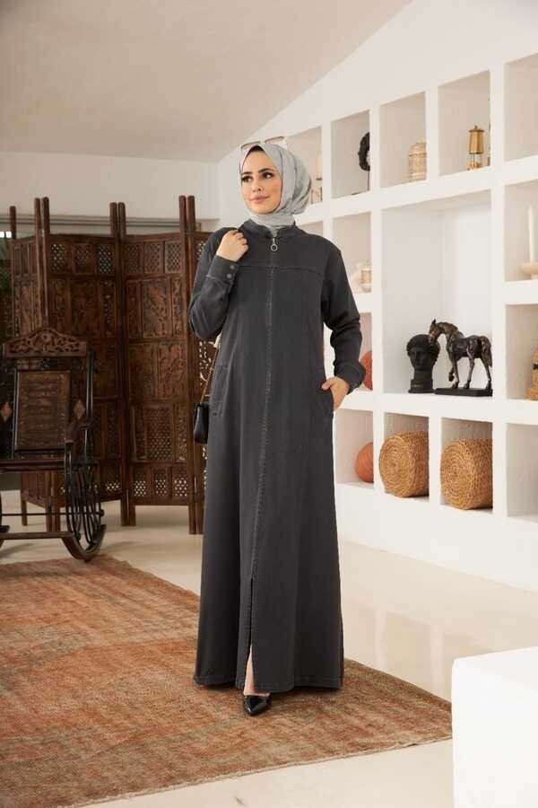 Neways 6579-DENIM Fermuarlı Ferace Koyu Gri görsel 4