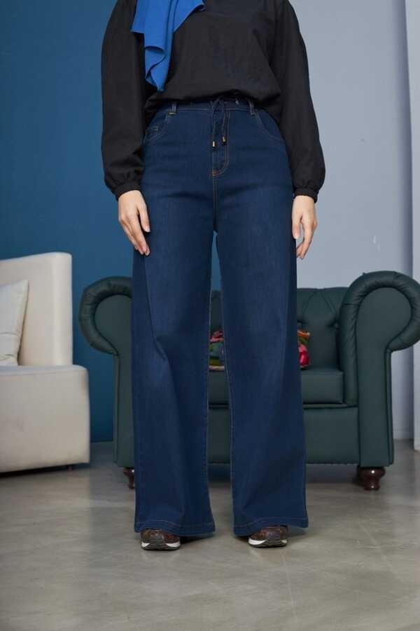 Neways 1123-DENIM Bağcıklı Bol Paça Pantolon Lacivert görsel 2