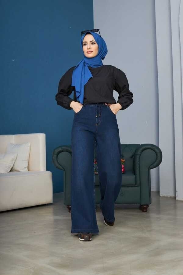 Neways 1123-DENIM Bağcıklı Bol Paça Pantolon Lacivert görsel 4