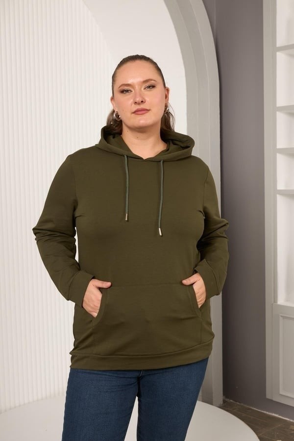 Rmg Kapşonlu Büyük Beden Haki Sweatshirt görsel 6