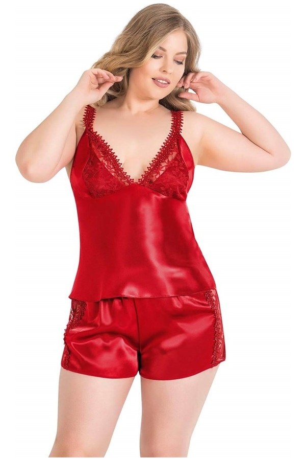 Aesco Arias Closet Büyük Beden Kırmızı Saten Babydoll Şort Takımı