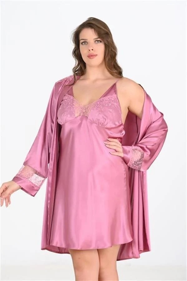 Aesco Arias Closet Premium Büyük Beden Saten Dantel Işlemeli Gül Kurusu 2'li Gecelik Sabahlık Takımı Bigsize