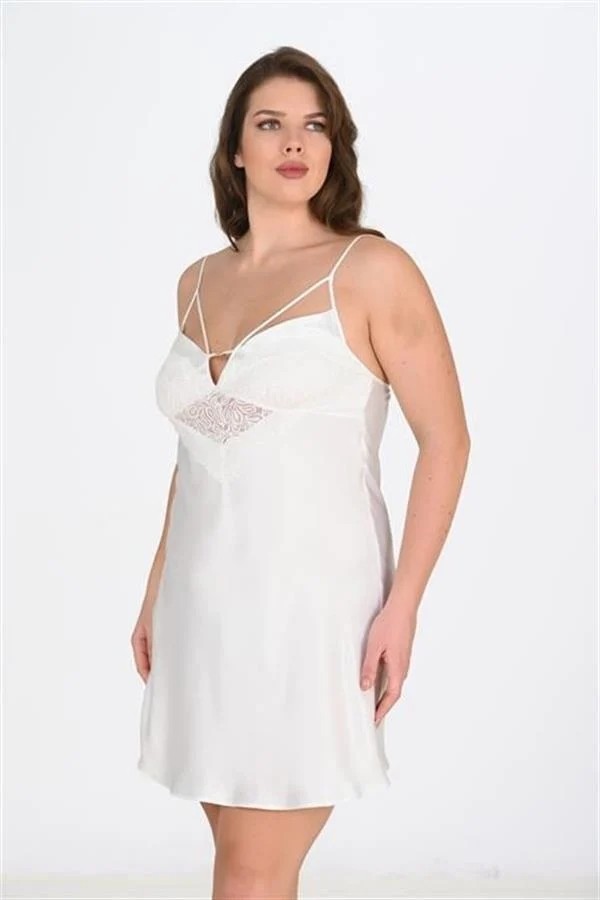 Aesco Arias Closet Premium Büyük Beden Saten Dantel Işlemeli Ekru Gecelik Bigsize görsel 2
