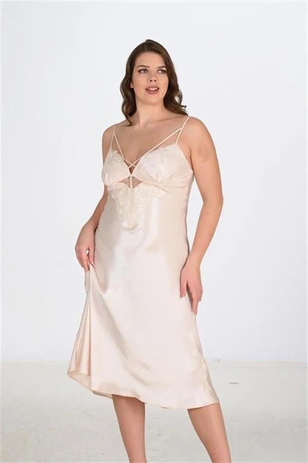 Aesco Arias Closet Premium Büyük Beden Saten Dantel Işlemeli Fil Dişi Uzun 2'li Gecelik Sabahlık Takımı Bigsize görsel 3