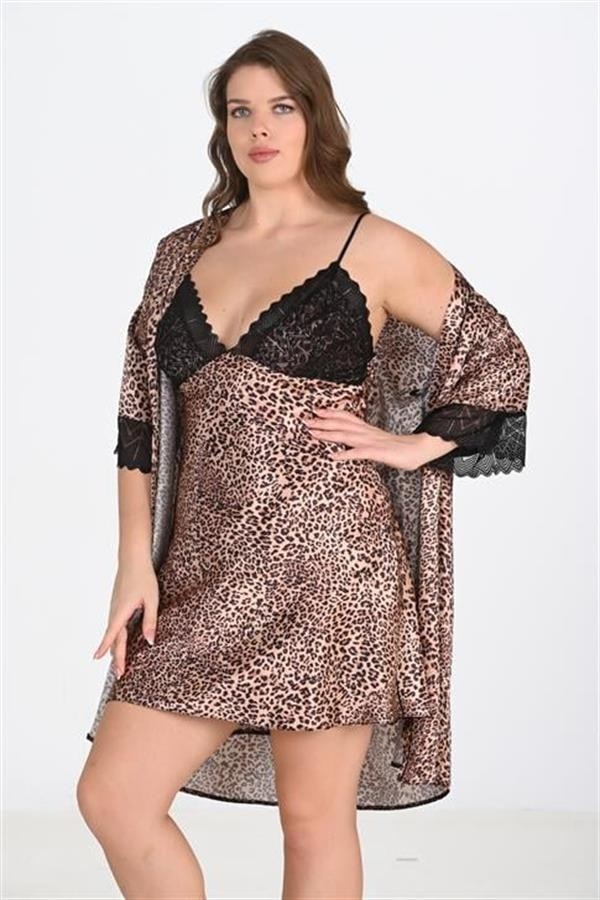 Aesco Arias Closet Premium Büyük Beden Saten Dantel Işlemeli Leopar 2'li Gecelik Sabahlık Takımı Bigsize