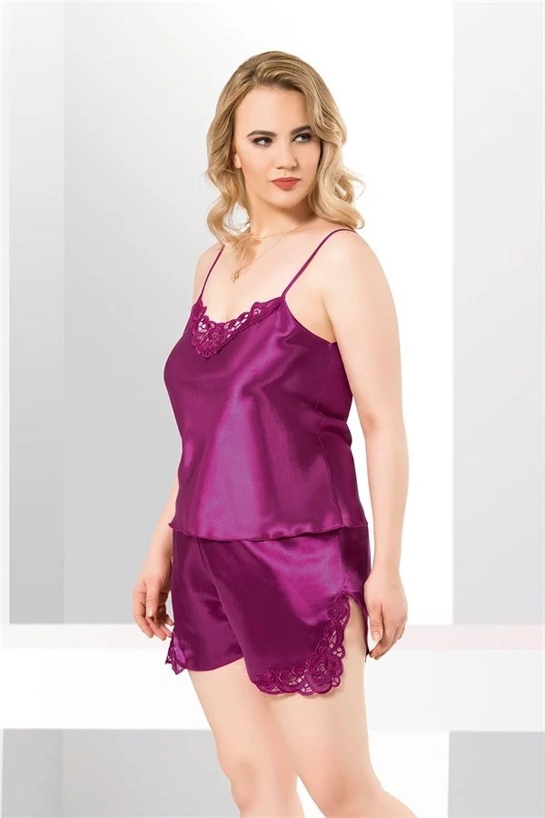 Aesco Arias Closet Büyük Beden Mor Saten Babydoll Şort Takımı