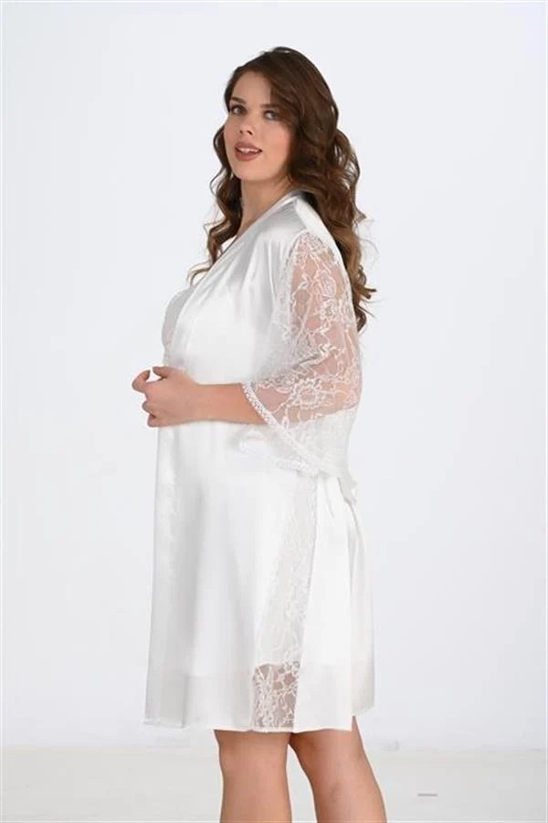 Aesco Arias Closet Premium Büyük Beden Saten Dantel Işlemeli Ekru 2'li Gecelik Sabahlık Takımı Bigsize görsel 2