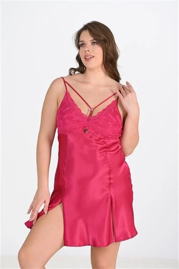 Aesco Arias Closet Premium Büyük Beden Saten Dantel Işlemeli Vişne 2'li Gecelik Sabahlık Takımı Bigsize görsel 2